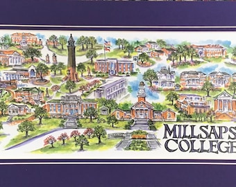 Millsaps College “Majors” Pen and Ink Watercolor Signed and Numbered Campus Print by Artist Linda Theobald ***FREE SHIPPING***