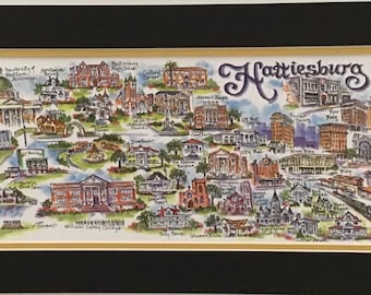 HATTIESBURG, MS signed and numbered pen and ink watercolor print in a 10 X 20 black and yellow double mat