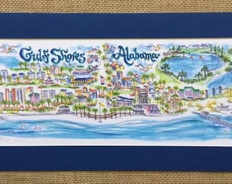 Gulf Shores, AL Pen and Ink Signed and Numbered Watercolor Print by Artist Linda Theobald FREE SHIPPING **Except Hawaii and Alaska