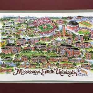 Mississippi State University “Bulldogs” Pen and Ink Watercolor Signed and Numbered Campus Print by Artist Linda Theobald ***FREE SHIPPING***