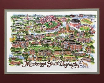 Mississippi State University “Bulldogs” Pen and Ink Watercolor Signed and Numbered Campus Print by Artist Linda Theobald ***FREE SHIPPING***