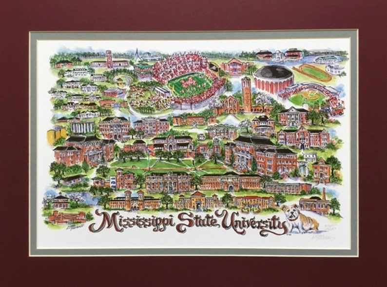 Mississippi State University Bulldogs Pen and Ink Watercolor Signed and Numbered Campus Print by Artist Linda Theobald FREE SHIPPING Maroon/Gray