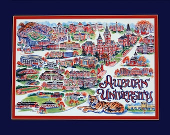 AUBURN UNIVERSITY “War Eagle" Pen and Ink Signed and Numbered Watercolor Campus Print by Artist Linda Theobald
