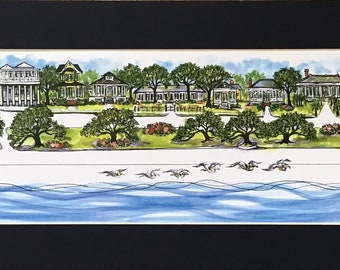 Pass Christian, MS “Scenic Drive”, Pen and Ink Signed and Numbered Watercolor Print by Artist Linda Theobald ***FREE SHIPPING***