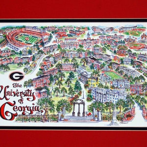 University of Georgia Bulldogs Pen and Ink Signed and Numbered Watercolor Campus Print by Artist Linda Theobald FREE SHIPPING Red/Black
