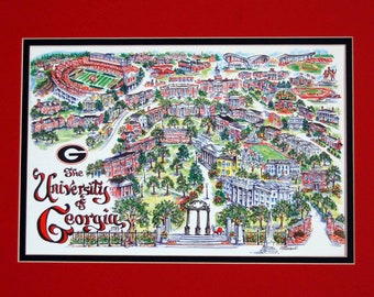 University of Georgia “Bulldogs “Pen and Ink Signed and Numbered Watercolor Campus Print by Artist Linda Theobald ***FREE SHIPPING***