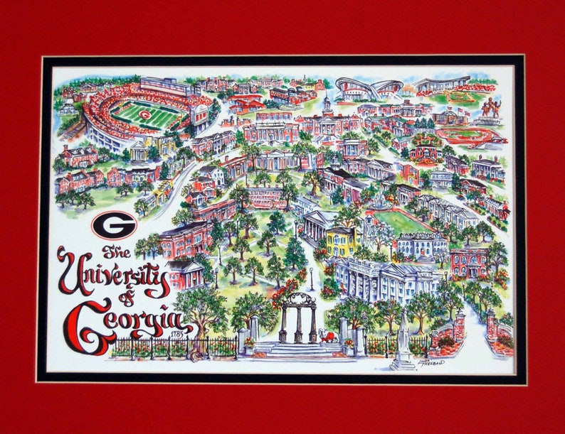 University of Georgia Bulldogs Pen and Ink Signed and Numbered Watercolor Campus Print by Artist Linda Theobald FREE SHIPPING Red/Black