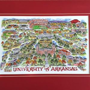 University of Arkansas “Razorbacks” Pen and Ink Signed and Numbered Watercolor Campus Print by Linda Theobald ***FREE SHIPPING***