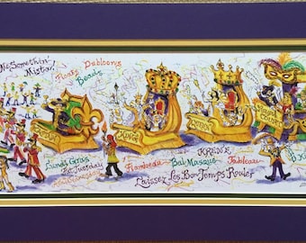 May include: A colorful illustration of a Mardi Gras parade with floats, marching bands, and people throwing beads. The text "Throw Me Something Mister!" is written at the top of the image. The text "Dubloons, Floats, Beads" is written at the top right of the image. The text "Lundi Gras, Fat Tuesday" is written at the bottom left of the image. The text "Krewe, Bal Masque, Tableau, Laissez Les Bon Temps Rouler" is written at the bottom center of the image. The text "King Cake, Mammy Pies" is written at the bottom right of the image.