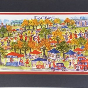 May include: A watercolor painting depicting a fall scene at The Grove, a popular gathering place for Ole Miss fans on game day. The painting features a marching band, cheerleaders, fans, food vendors, and a red double-decker bus. The text "Hotty Toddy" is visible in the lower left corner.
