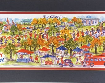 May include: A watercolor painting depicting a fall scene at The Grove, a popular gathering place for Ole Miss fans on game day. The painting features a marching band, cheerleaders, fans, food vendors, and a red double-decker bus. The text "Hotty Toddy" is visible in the lower left corner.