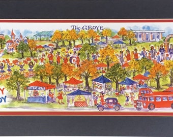 University of Mississippi “Ole Miss” Game Day Festivities at “The Grove” pen and Ink watercolor print by Linda Theobald ***FREE SHIPPING***