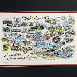 May include: A hand-drawn illustration of Washington, D.C. landmarks, including the White House, the Capitol Building, the Washington Monument, and the National Mall. The illustration also includes text that says "Washington, D.C." and "Alexandria, Commonwealth of Virginia".