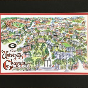 University of Georgia Bulldogs Pen and Ink Signed and Numbered Watercolor Campus Print by Artist Linda Theobald FREE SHIPPING Black/Red