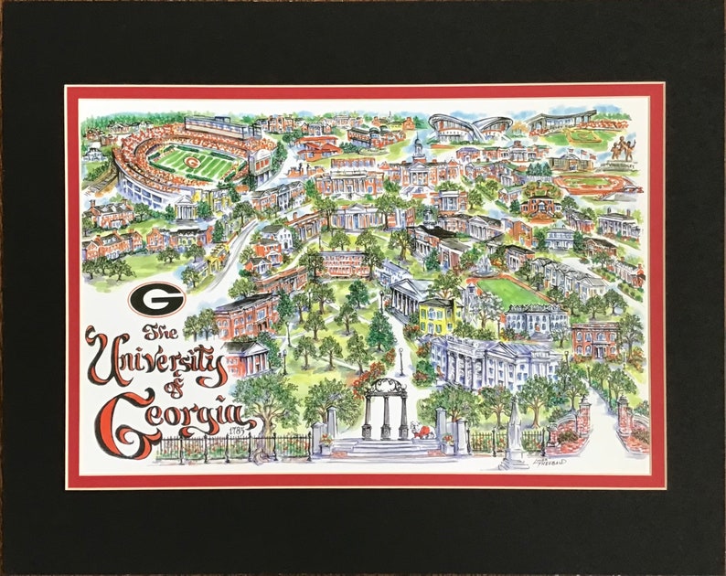 University of Georgia Bulldogs Pen and Ink Signed and Numbered Watercolor Campus Print by Artist Linda Theobald FREE SHIPPING Black/Red