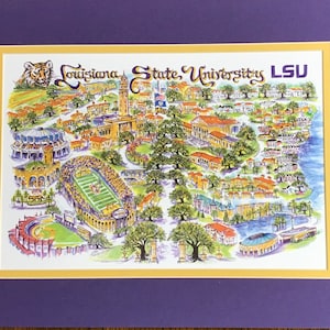 LSU “Tigers” Pen and Ink Signed and Numbered Watercolor Campus Print by Artist Linda Theobald ***FREE SHIPPING***