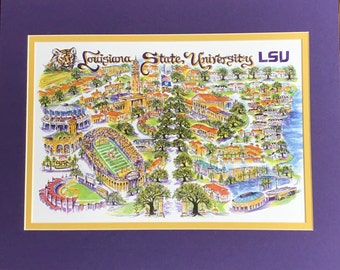 LSU “Tigers” Pen and Ink Signed and Numbered Watercolor Campus Print by Artist Linda Theobald ***FREE SHIPPING***
