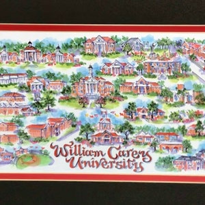William Carey University Pen and Ink Signed and Numbered Watercolor Campus Print by Artist Linda Theobald FREE SHIPPING Black/Red Mat