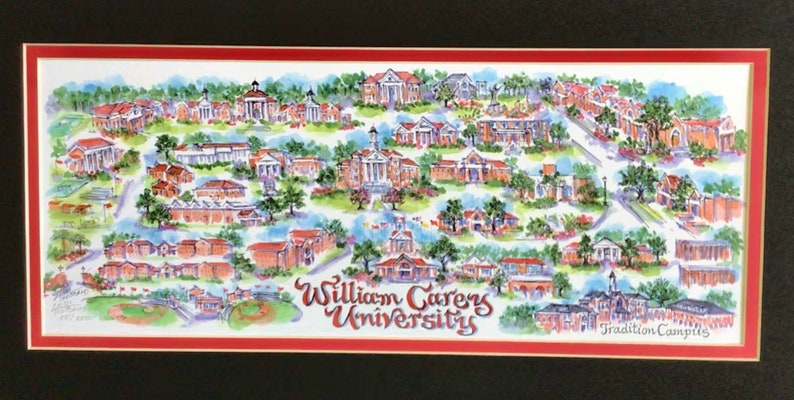 William Carey University Pen and Ink Signed and Numbered Watercolor Campus Print by Artist Linda Theobald FREE SHIPPING Black/Red Mat