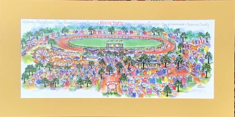 La foire du comté de Neshoba, Mississippi. Une aquarelle signée et numérotée au stylo et à lencre par lartiste Linda Theobald LIVRAISON GRATUITE Yellow Mat