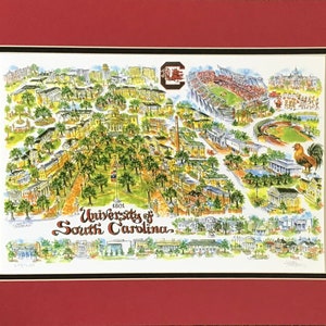 University of South Carolina Gamecocks Pen and Ink Watercolor Signed and Numbered Campus Print by Artist Linda Theobald FREE SHIPPING Garnet/Black Mat