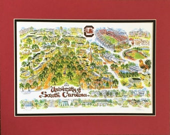 University of South Carolina  “Gamecocks” Pen and Ink Watercolor Signed and Numbered Campus Print by Artist Linda Theobald *FREE SHIPPING*