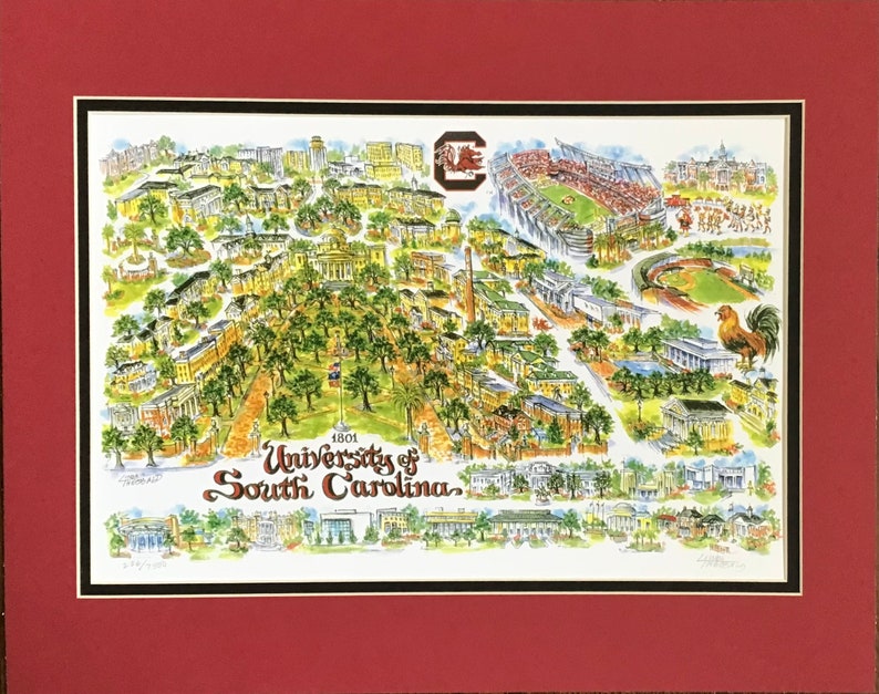 University of South Carolina Gamecocks Pen and Ink Watercolor Signed and Numbered Campus Print by Artist Linda Theobald FREE SHIPPING Garnet/Black Mat