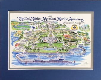 US Merchant Marine Academy Kings Point NY, Signed and Numbered Watercolor Print by Linda Theobald Free Shipping **Except Hawaii & Alaska