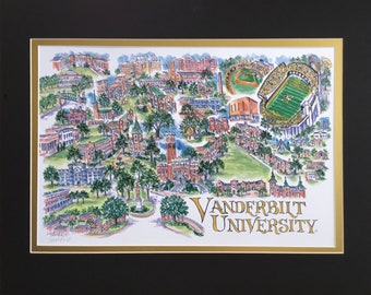 Vanderbilt University « Commodores » à la plume et à l'encre, aquarelle signée et numérotée sur le campus par l'artiste Linda Theobald *** LIVRAISON GRATUITE ***