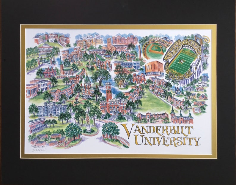 Vanderbilt University Commodores Pen and Ink Signed and Numbered Watercolor Campus Print by Artist Linda Theobald FREE SHIPPING Black/Gold