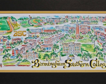 Birmingham Southern College « Panthers » Stylo et encre signé et numéroté Aquarelle Campus Print par l’artiste Linda Theobald ***LIVRAISON GRATUITE***