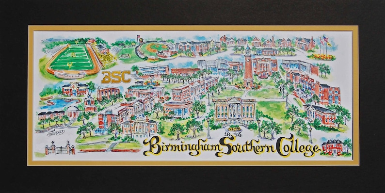 Birmingham Southern College Panthers Pen and Ink Signed and Numbered Watercolor Campus Print by Artist Linda Theobald FREE SHIPPING image 1