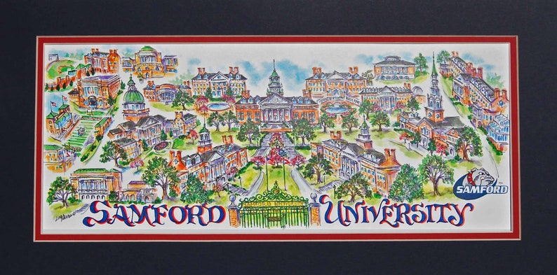 Samford University Bulldogs Signed and Numbered Limited Edition Pen and Ink Watercolor Campus Print by Artist Linda Theobald FREE SHIPPING Navy/Red