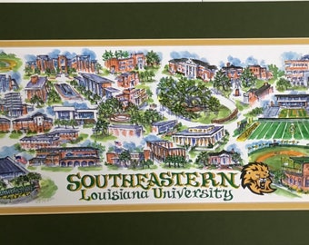 Southeastern Louisiana University  “Lions” Pen and Ink Signed and Numbered Watercolor Campus Print by Linda Theobald ***FREE SHIPPING***