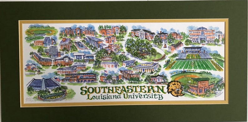 Southeastern Louisiana University Lions Pen and Ink Signed and Numbered Watercolor Campus Print by Linda Theobald FREE SHIPPING Green/Yellow