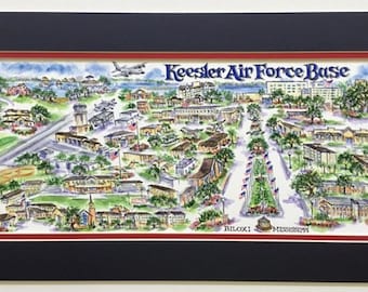 Keesler Air Force Base Pen and Ink Signed and Numbered Watercolor Print  by Artist Linda Theobald ***FREE SHIPPING***