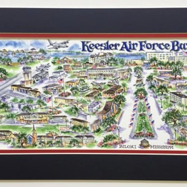 Keesler Air Force Base Pen and Ink Signed and Numbered Watercolor Print  by Artist Linda Theobald ***FREE SHIPPING***