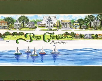 Pass Christian, MS “Downtown”, Pen and Ink Signed and Numbered Watercolor Print by Artist Linda Theobald ***FREE SHIPPING***