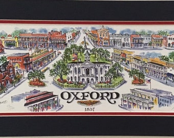 May include: A watercolor illustration of the town square of Oxford, Mississippi. The illustration shows the town square with buildings, trees, and a street. The text "Oxford 1837" is at the bottom of the illustration.