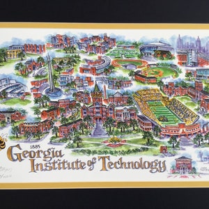 Georgia Tech “Yellow Jackets”  Pen and Ink Signed and Numbered Watercolor Campus Print by Artist Linda Theobald ***FREE SHIPPING***