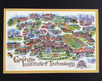 Georgia Tech “Yellow Jackets”  Pen and Ink Signed and Numbered Watercolor Campus Print by Artist Linda Theobald ***FREE SHIPPING***