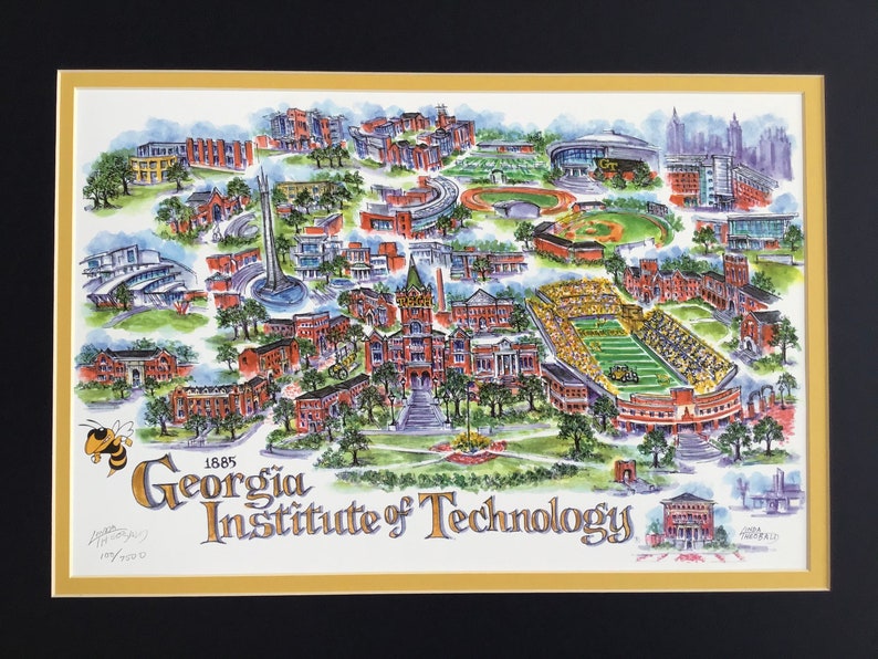 Georgia Tech Yellow Jackets Pen and Ink Signed and Numbered Watercolor Campus Print by Artist Linda Theobald FREE SHIPPING Navy/Yellow