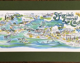 FLORIDA EMERALD COAST Pen and Ink Signed and Numbered Watercolor Print by Artist Linda Theobald