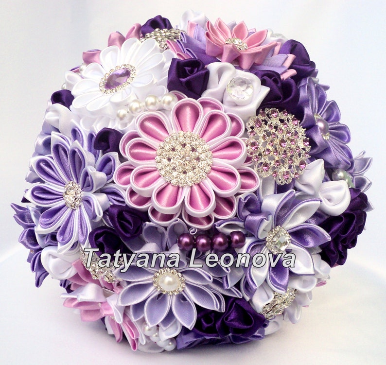 9 inches white Brooch bouquet purple Wedding Bouquet silver lilac