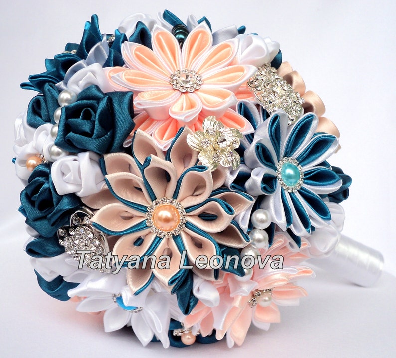 5 inches white and peach Brooch bouquet dark turquoise Wedding Bouquet
