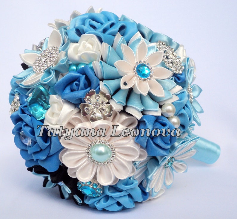 Turquoise and Black Brooch bouquet Breath Blue 7 Fabric Wedding Bouquet Gray Ivory