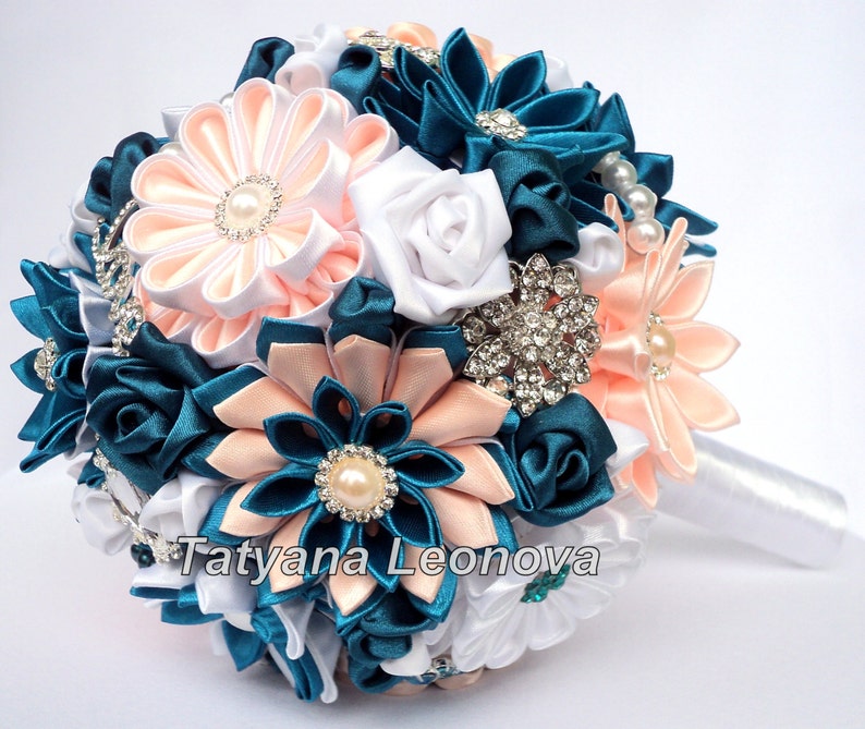5 inches white and peach Brooch bouquet dark turquoise Wedding Bouquet