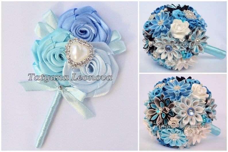 Turquoise and Black Brooch bouquet Breath Blue 7 Fabric Wedding Bouquet Gray Ivory