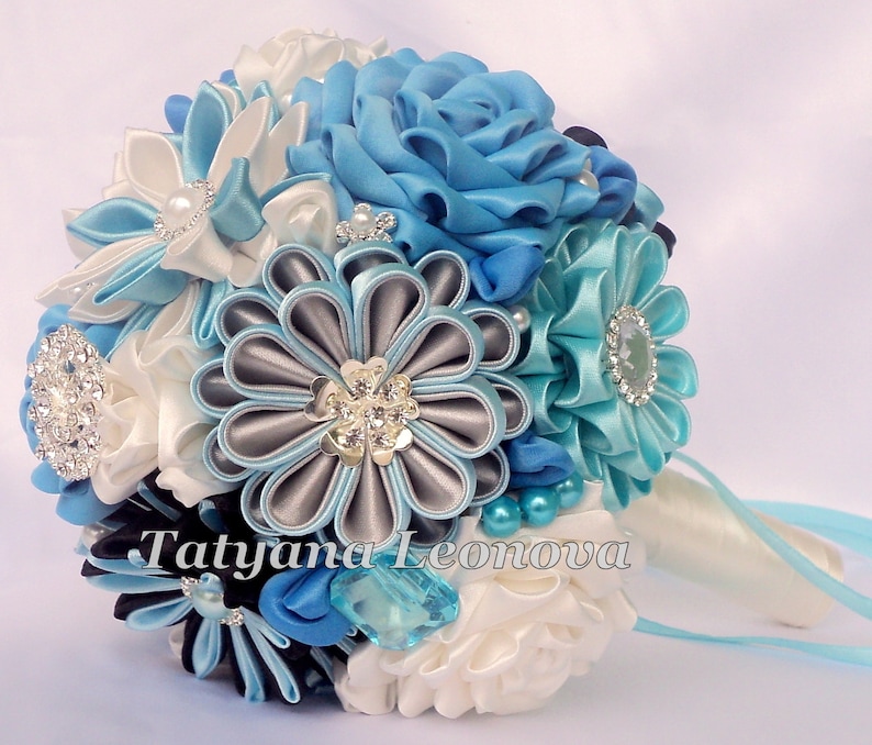Blue Brooch bouquet Wedding Bouquet Black Ivory Silver 5 inches