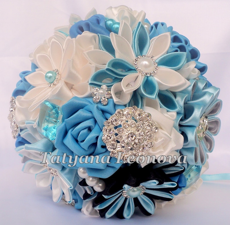 Blue Brooch bouquet Wedding Bouquet Black Ivory Silver 5 inches